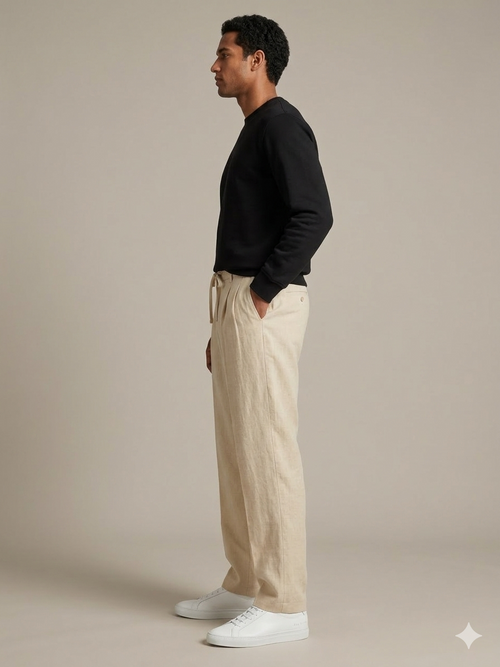 BEIGE PLEATED BAGGY  FIT TROUSER